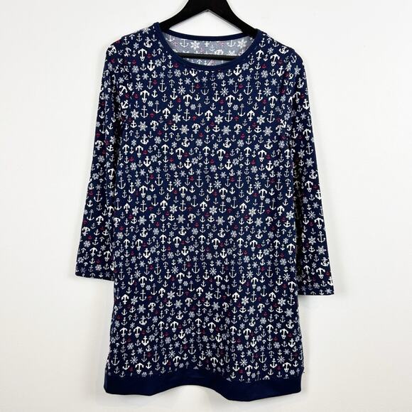 Nautical Navy Holiday Anchor Printed Long Sleeve Sleepshirt Size Small - Picture 1 of 5